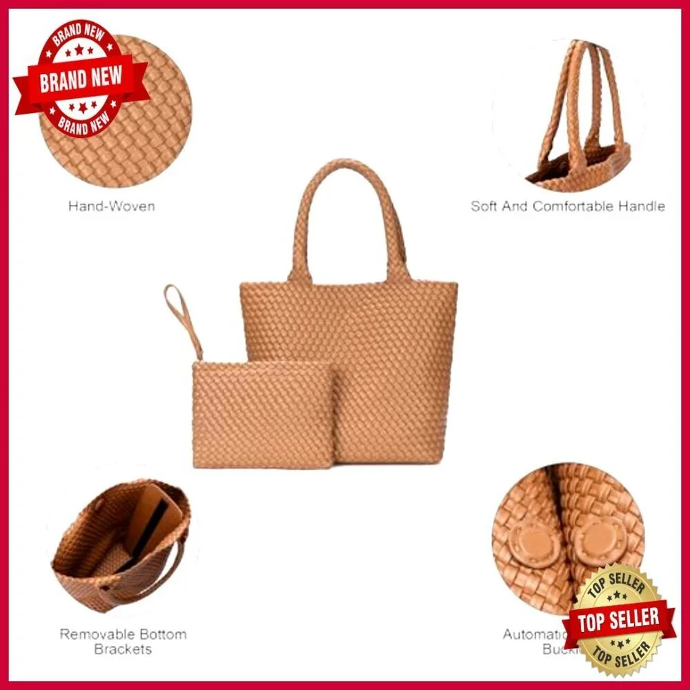 Large Woven Leather Tote Bag for Work Travel Beach Shoulder Handbag